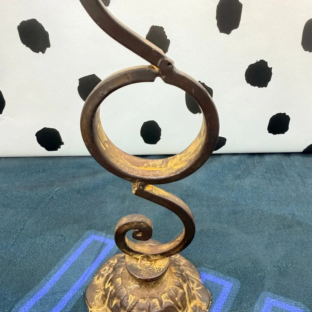 Vtg Cast Iron Pillar Candle Holder Stand Scroll Wrought Metal Rustic Gold 11